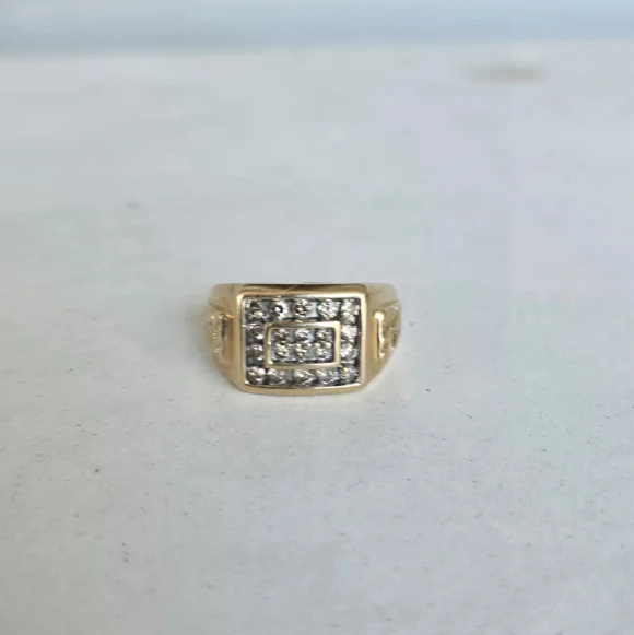 Mens solid 14k yellow gold Genuine diamonds cluster signet ring